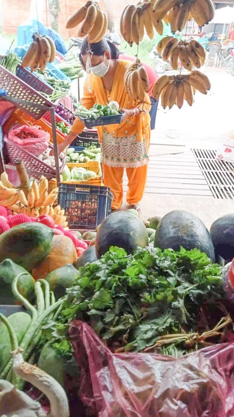 Eine Frau in typischer nepalesischer Kleidung kauft an einem Stand Gemüse und Obst. Verschiedene Sorten an Gemüse und Obst stehen zum Verkauf.