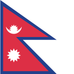 Flagge von Nepal: Zwei Dreiecke, blauer Rand mit rotem Grund. Darauf eine Sonne und ein Sonne in einem Halbrund in weiß.