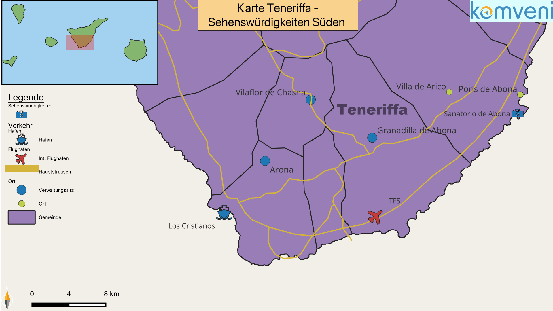 Karte Teneriffa Sehenswürdigkeiten Süden